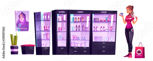 Cosmetics store assistant offer makeup or skincare production at beauty shop. Saleswoman hold cosmetic cream jar stand at showcase with bottles on shelves. Goods for women cartoon vector illustration
