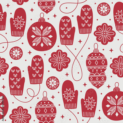 Christmas seamless pattern with balls, mittens, stars, snowflakes. Scandinavian style