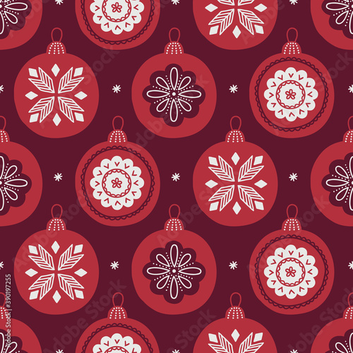 Christmas seamless pattern with balls, snowflakes, stars. Scandinavian style