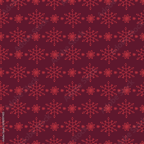 Christmas seamless pattern with snowflakes on red background. Scandinavian style