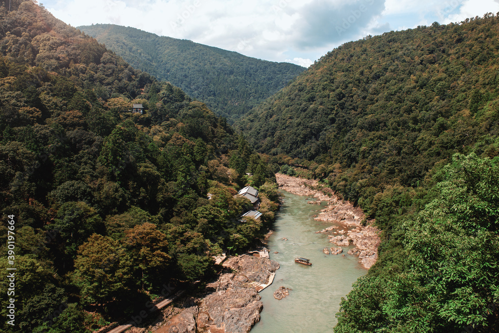 view of the river from the top of the mountain. Landscape in Kyoto, Japan