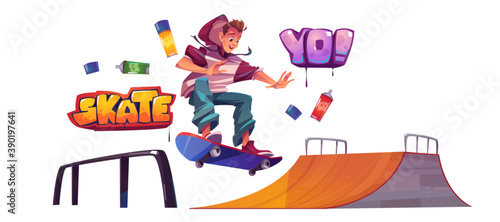 Teenager in skate park or rollerdrome perform skateboard jumping stunt on quarter pipe ramp. Extreme sport, graffiti, youth urban culture and teen activity on street, Cartoon vector illustration, set