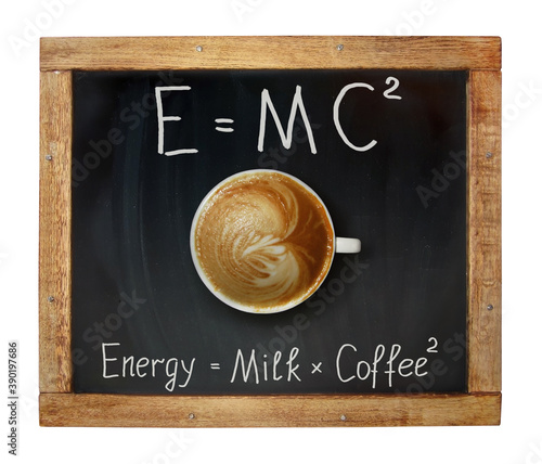 A cup of coffee with whipped cream is on a school blackboard with funny formulas.