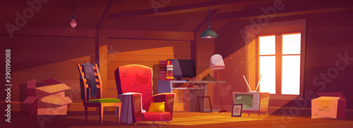 Attic room with old things, garret with window, wooden walls and furniture. Cozy place with antique switched-off TV set, carton boxes, computer, table with books and lamps. Cartoon vector illustration