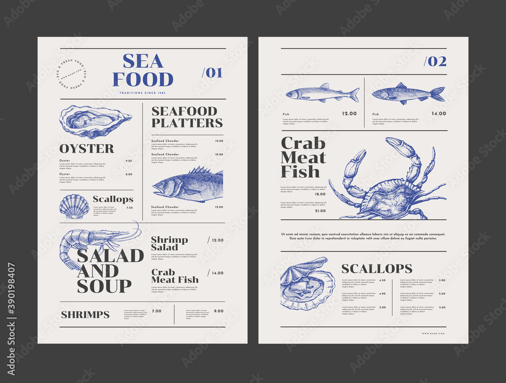 Fish restaurant menu template with hand-drawn seafood delicacies. Sample design in vintage engraving style. Brand style vector illustration. - obrazy, fototapety, plakaty 