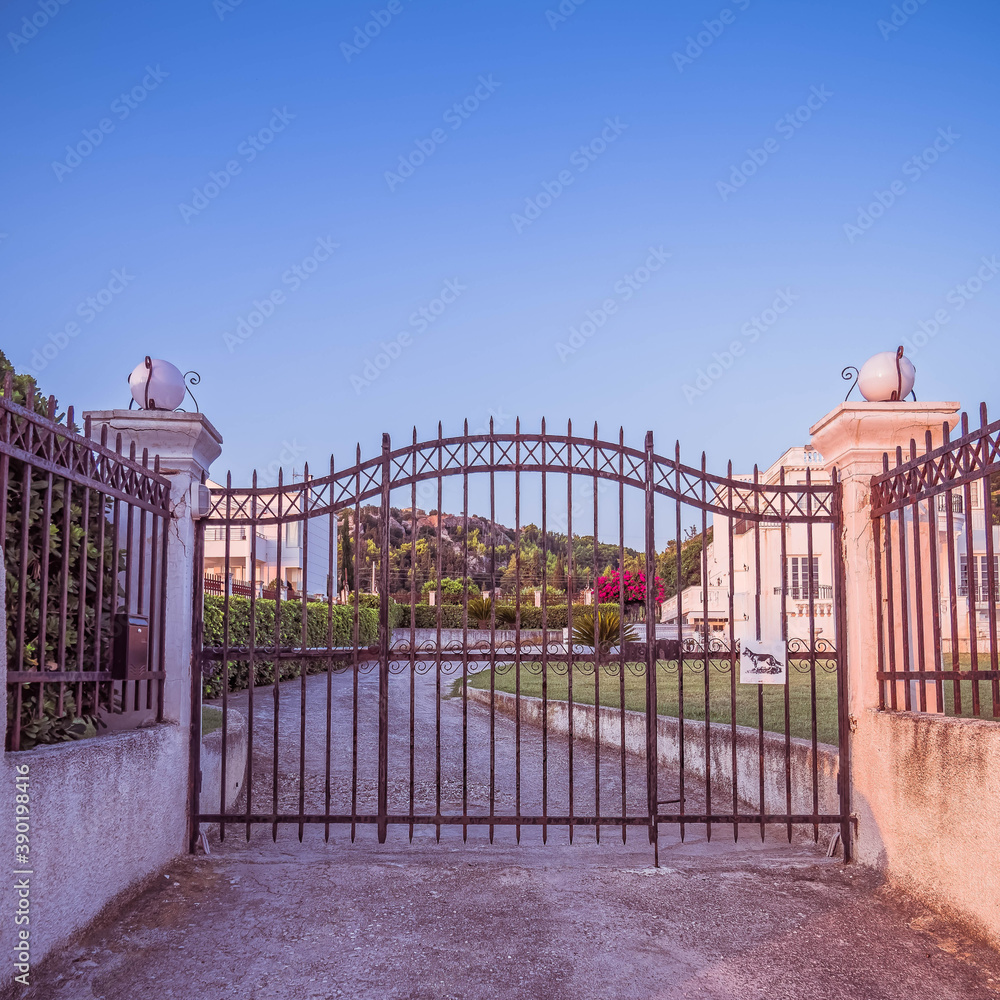 elegant family house external metallic gate and fence, front view