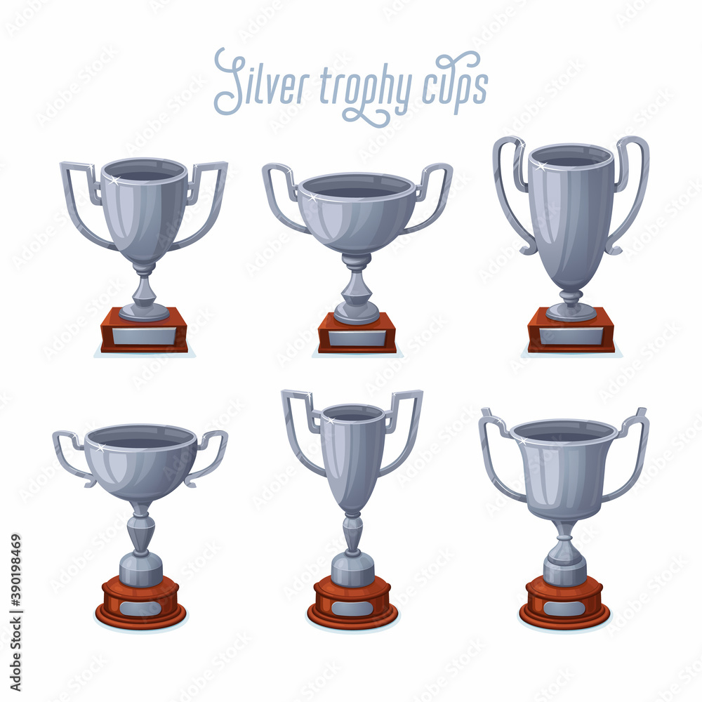 Silver trophy cups. Silver award cup set with different shapes - 2nd place winner trophies Silver trophy cups. Silver award cup set with different shapes - 2nd place winner trophies