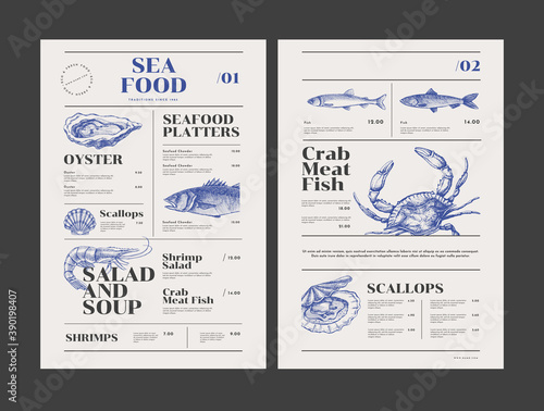 Fish restaurant menu template with hand-drawn seafood delicacies. Sample design in vintage engraving style. Brand style vector illustration.