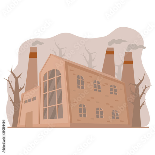 Old factory in perspective view. Air chimney pollution with smoke. Dioxide emissions.Vector cartoon style.Toxic factories building.