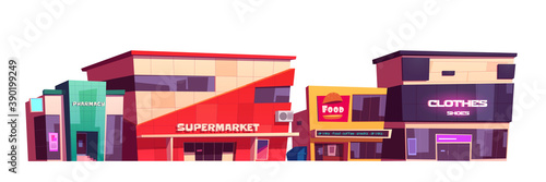 Store buildings, clothes shop, supermarket, fast food court and pharmacy facades. Modern city architecture exteriors, market place front view isolated on white background, Cartoon vector illustration