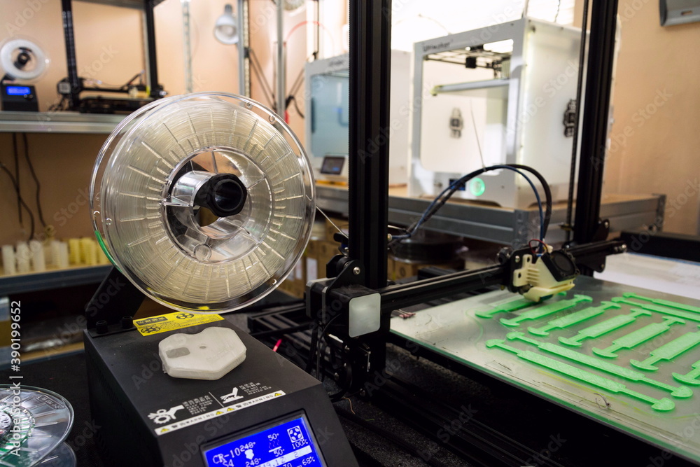 3d printer printing prototype from eco-friendly biodegradable filament polymer - obrazy, fototapety, plakaty 