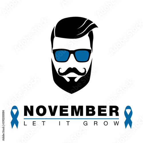 Man face with blue ribbon and lettering on white background for November month. Movember is prostate cancer awareness month. Awareness of men's health. Vector illustration. Moustache and blue ribbon