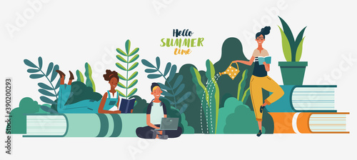 Young people reading books in the  park. Summer landscape background. Holidays time.  Back to school, Study, Learning, Knowledge and Education vector concept