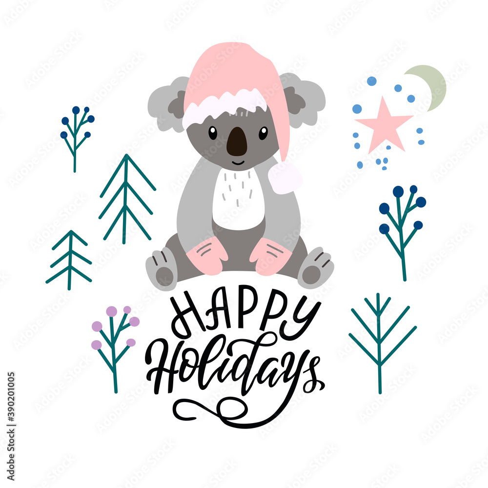 Vector image of a cute little koala bear with elements of fir twigs, stars, lettering - happy holidays - on a white background. For the design of posters, postcards, prints for t-shirs, covers