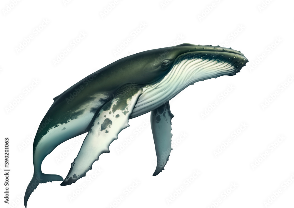 Fototapeta premium Humpback whale realistic illustration isolated. Big gray whale on a white background. Blue whale in the open sea swims to the top.