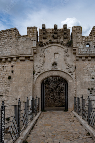 Monte Sant'Angelo, a medieval village in Puglia, on the Gargano peninsula. View of the town, the cathedral and the castle.