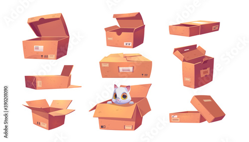 Brown cardboard boxes different shapes isolated on white background. Vector cartoon set of open and closed empty package containers for moving, delivery or storage. Funny cat in box
