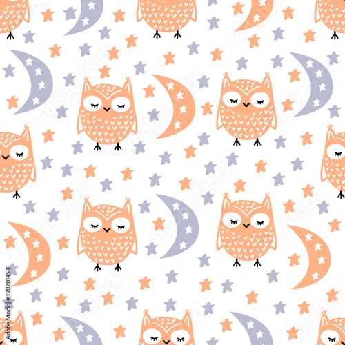 Cute seamless pattern, for childrens textiles, childrens room, clothes, design. Owls, moon, stars, sleep background in pastel colors in flat style.