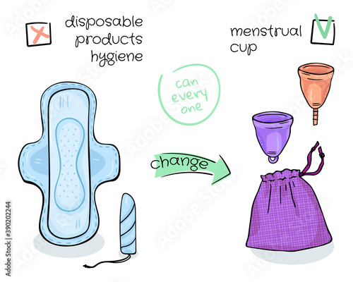 Poster for replacing pads and a tampon with a menstrual cup.Zero waste lifestyle. Doodle style.
