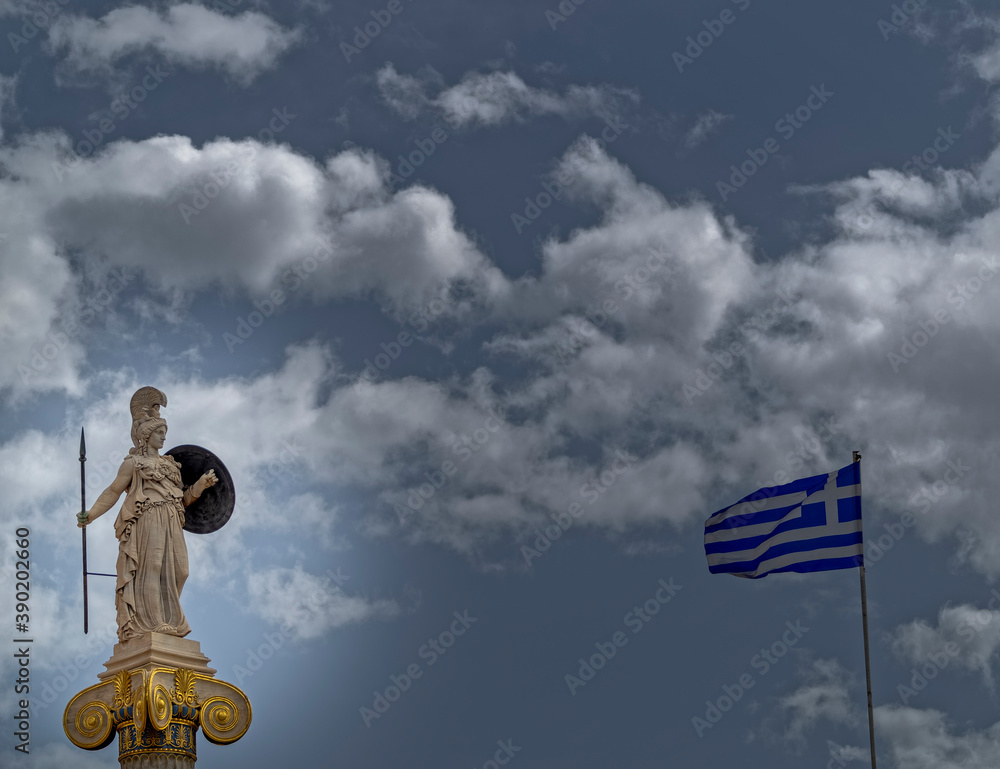 Athena the ancient Greek goddess of knowledge and wisdom and the Greek flag, under cloudy sky