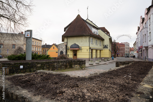 City Cesis, Latvia. Street with old house what made from rocks. Travel photo.