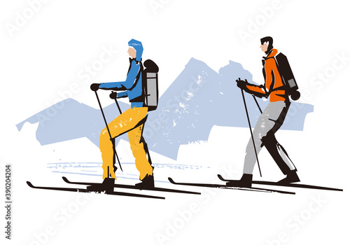 Alpine touring skiers.
A stylized drawing of two alpine touring skiers. Vector available.