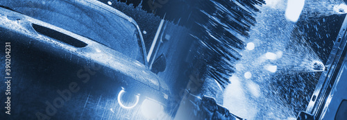 Schilderij op canvas Blue Car Washing Banner Concept
