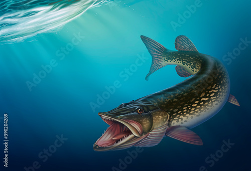 Great northern pike on the hunt illustration art. Grass pickerel under water in attack background of water.
