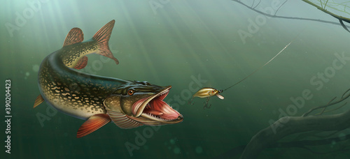 The pike hunts for the golden wobbler bait. Great northern pike on the hunt illustration background of water.