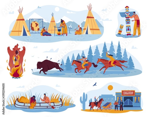 American, native indian wild life, culture in West, set of vector illustrations. Cowboys on horses and swild west saloon, traditional wigwam, canoe boat with indians, totem. Retro, ethnic collection.