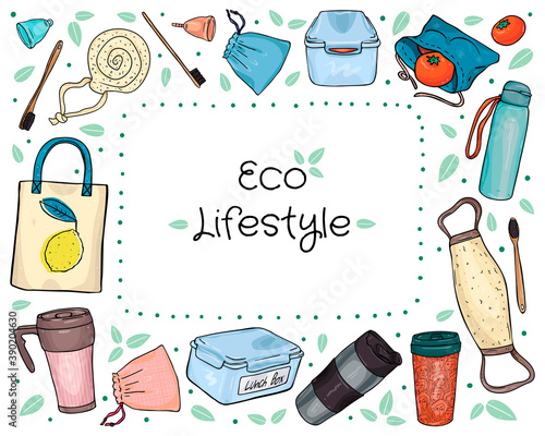 Frame shaped set of hand-drawn eco-friendly objects isolated in white background. Doodle style. Place for text.