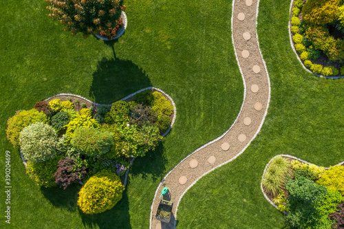 Mature Backyard Garden with Large Grass Lawn Aerial Vista