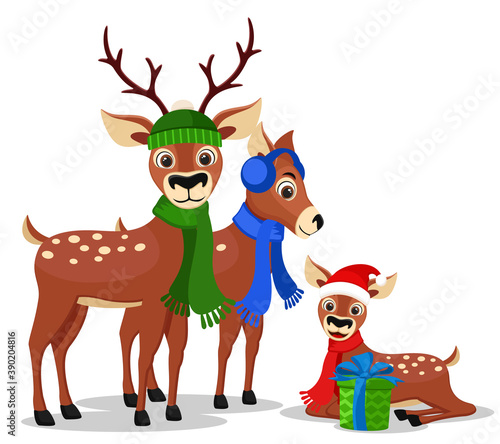 Deer family in hats and scarves, character. Merry Christmas
