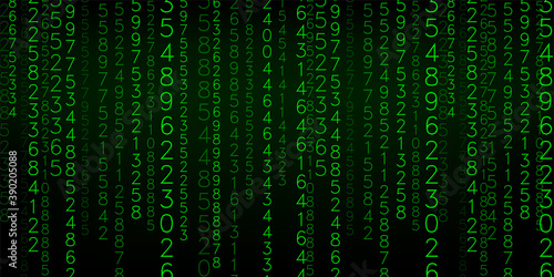 Green matrix background. stream of binary code. Falling numbers on dark backdrop. Digital computer code. Coding and hacking. Vector illustration. © ihor