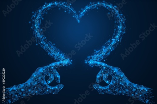 Hands draw the outline of a heart in the sky. Gesture of expressing feelings of love. Bright polygonal design of thin lines and dots. Blue background.