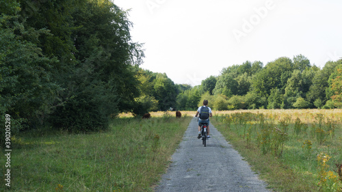 Young man riding a bicycle in a country park in Amsterdam. Summer bike ride in nature.