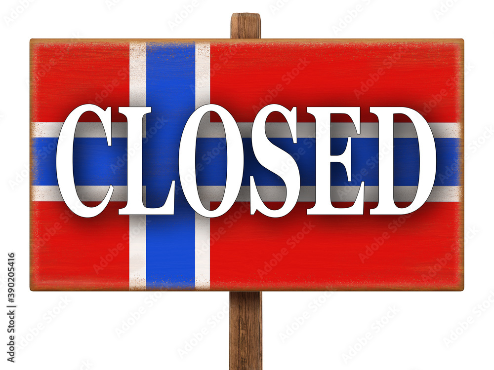 Fototapeta premium CLOSED sign on the plate with the image of the flag of Norway. Signboard with text. Quarantine during the COVID-19 coronavirus pandemic in Norway.