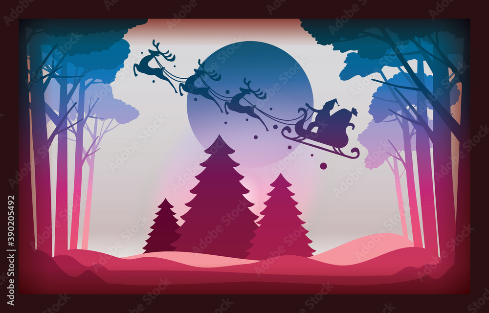 Christmas card paper art concept, Santa claus and reindeer running on night sky with moon, snow,  christmas tree, design for web banner, advertising, christmas invitation card and happy new year.