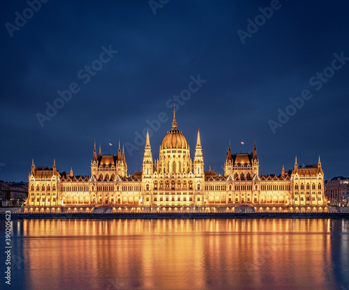 Hungarian Parliament at night with river Danube