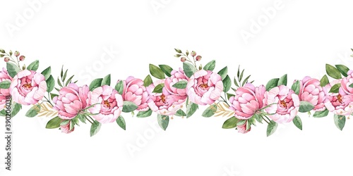 seamless ornament of delicate pink flowers peonies watercolor illustration on a white background. hand painted for wedding invitations  decor and design