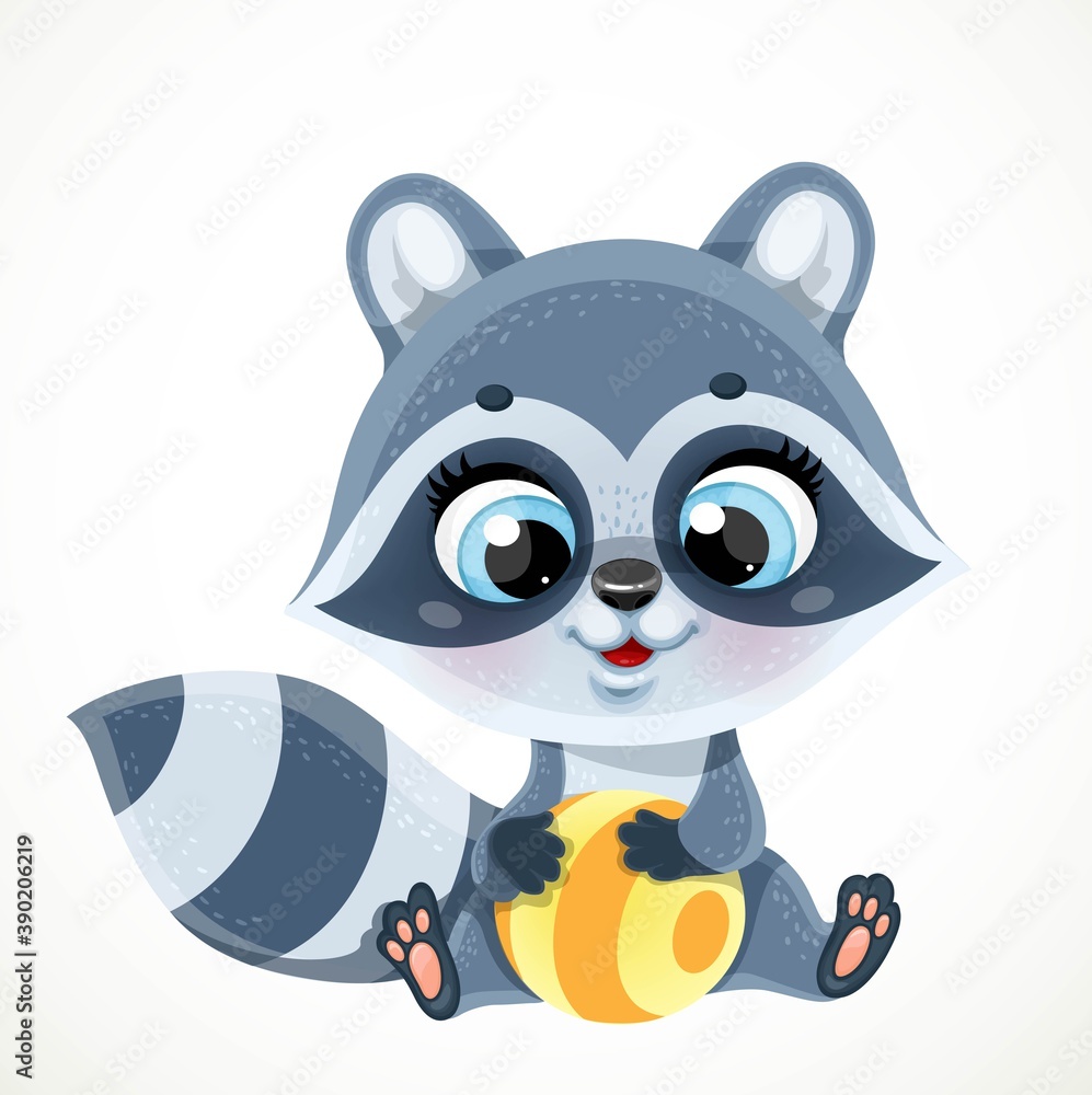 Cute cartoon baby raccoon with stripped ball sit on a white background