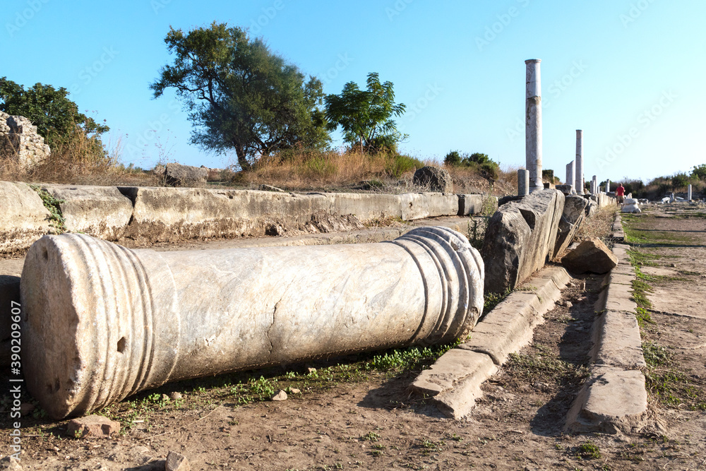 Turkey, Side - October 16 2019: Ancient City of Side. Ruins of an ancient Roman city founded in the 7th century BC. Turkey, Side - October 16 2019: Ancient City of Side. Ruins of an ancient Roman city founded in the 7th century BC.