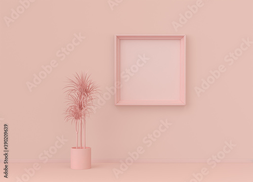 Interior room in plain monochrome light pink color with single plant and single picture frame. Light background with copy space. 3D rendering