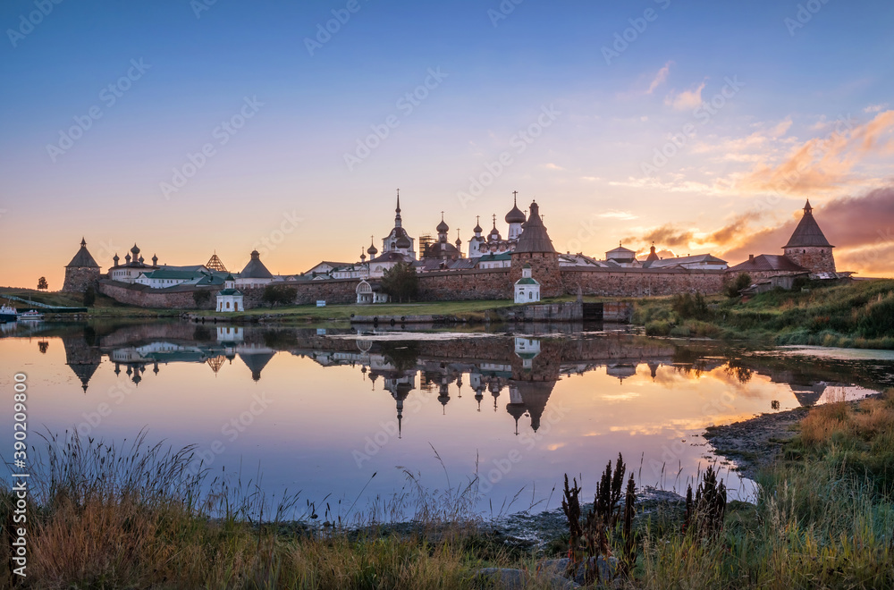 A beautiful view of the Solovetsky Monastery with a mirror image