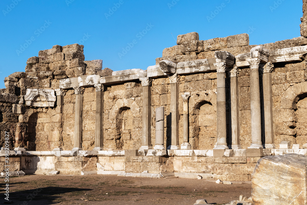 Turkey, Side  - October 04 2019: Ruins of an ancient Roman city founded in the 7th century BC. Agora Shopping area