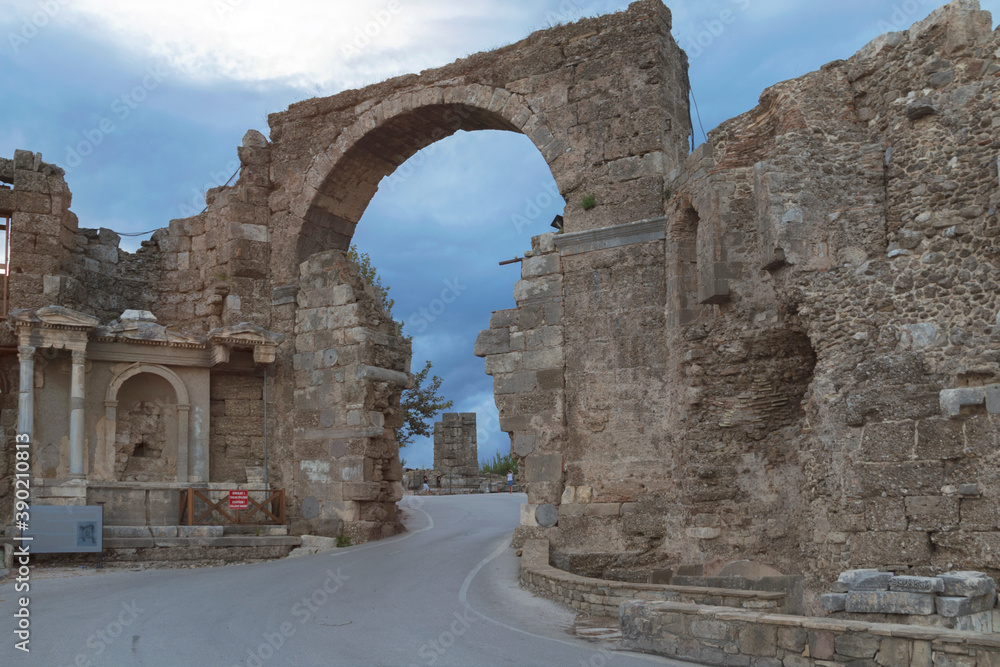 Turkey, Side  - October 05 2019: Ancient City of Side. Ruins of an ancient Roman city founded in the 7th century BC.