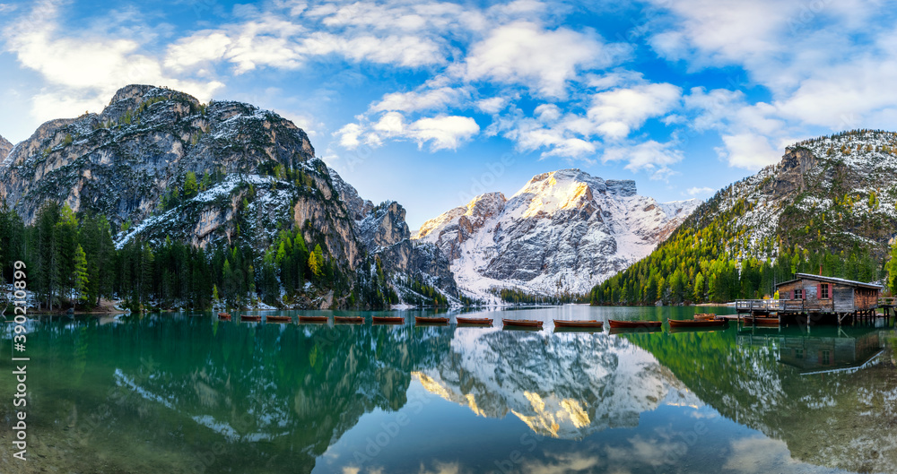 Panorama landscape of Lago di Braies in dolomite mountains
