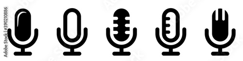 Microphone icons set. Studio table microphone collection. Podcast radio icon symbol. Flat and line icon - stock vector.
