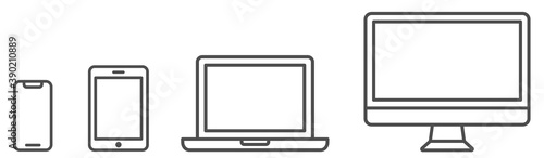 Device icons set. Smartphone, tablet, laptop, desktop computer symbol. Thin line devices. Line style icon - stock vector. photo