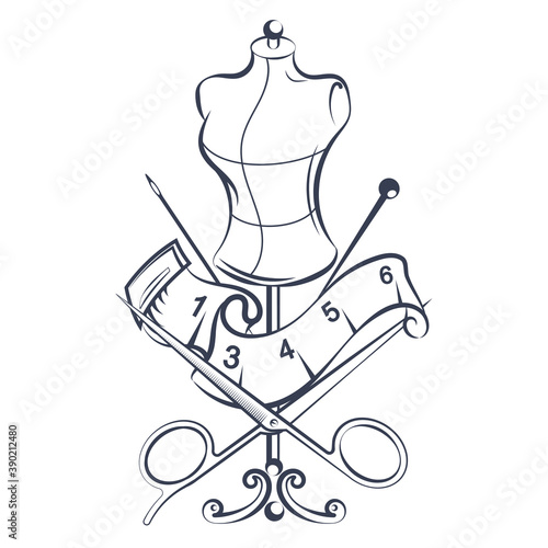 Scissors needle with thread mannequin design for sewing and sewing